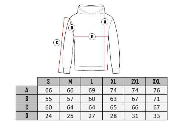  Rusty neal Beteli Hoodie size table 
