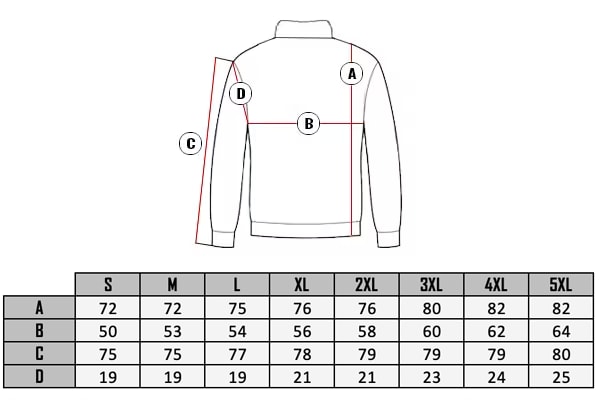 RD Valor Cashmere size table 