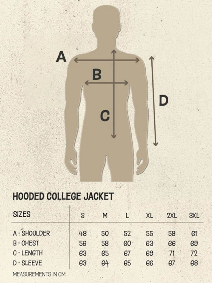 King Kerosin college jacket size chart
